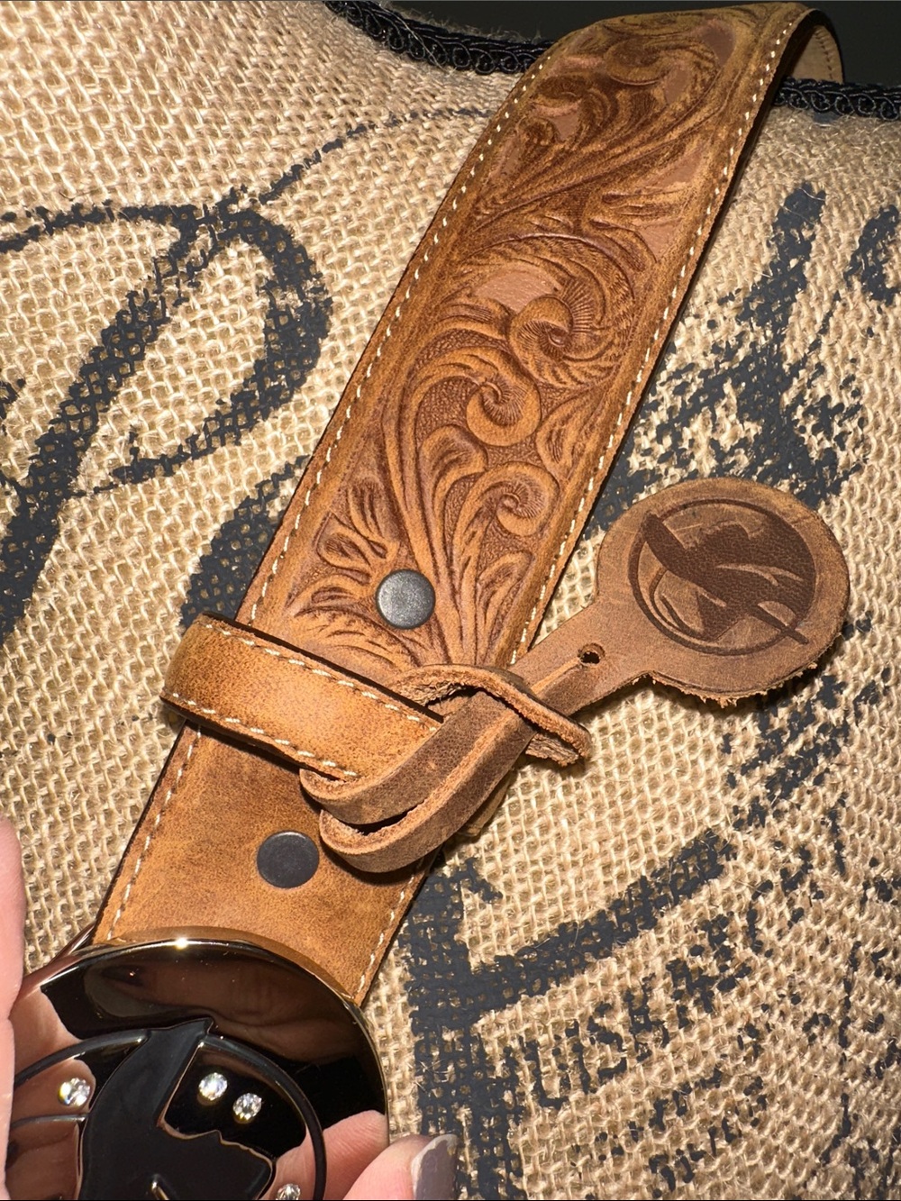 Justin Boots Brown Tooled Leather Belt with Shiny Silver-Tone Round Buckle